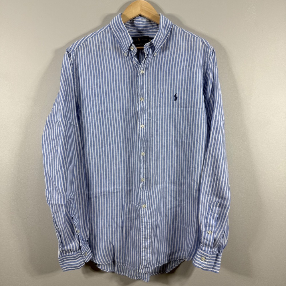 Polo Ralph Lauren Ocean Wash Linen Striped Button Up Shirt Blue XL